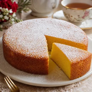 Torta de Yema oprószona cukrem pudrem, pokrojona i podana z herbata