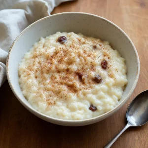 Finished rice pudding in a bowl with cinnamon and raisins