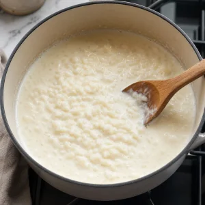 Milk and sugar stirred into rice in a saucepan