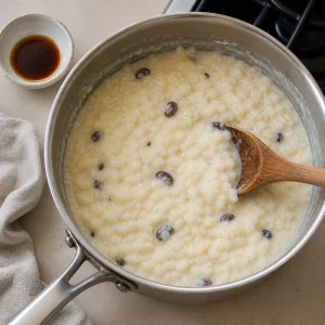 Rice pudding resting off heat after vanilla is added