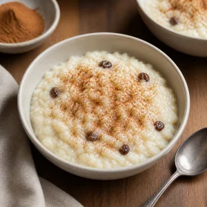 Rice pudding served in a bowl with cinnamon on top