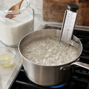 Clear sugar syrup boiling with a candy thermometer for Turkish delight