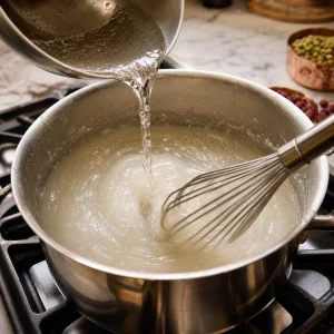 Hot sugar syrup poured into thick starch mixture while whisking