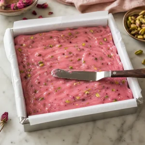 Pink pistachio Turkish delight mixture smoothed in a parchment-lined pan
