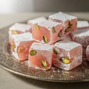 Rose-flavored Turkish Delight cubes dusted with powdered sugar and filled with pistachios on a silver tray