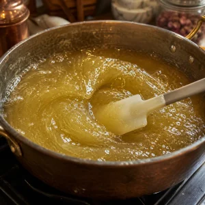 Very thick light golden Turkish delight mixture stirred with a spatula