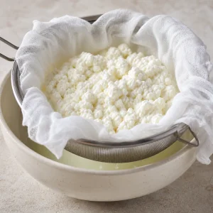 Cottage cheese draining in cheesecloth over a bowl