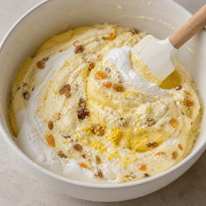 Creamy Paskha mixture folded with raisins, apricots, and almonds