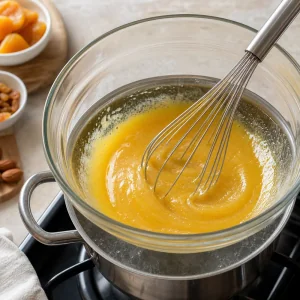 Egg yolk and sugar mixture whisked over a double boiler