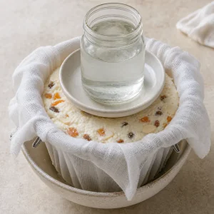 Filled cheesecloth-lined mold pressed with a plate and jar
