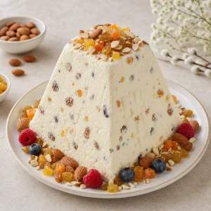 Unmolded Paskha decorated with nuts, fruit, and berries