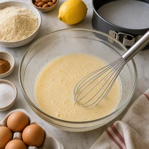 Eggs and sugar whisked into a pale frothy mixture for Tarta de Santiago.