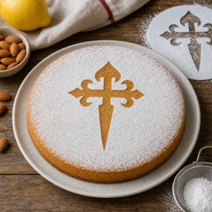 Finished Tarta de Santiago dusted with powdered sugar and a St. James cross stencil design.