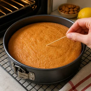 Golden baked almond cake in a springform pan with a clean toothpick test.