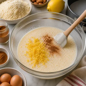Lemon zest and cinnamon stirred into the pale egg mixture for Tarta de Santiago.
