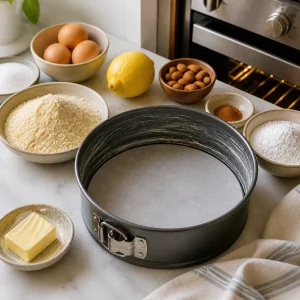 Prepared springform pan for Tarta de Santiago with butter, parchment, and almond cake ingredients nearby.