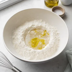 Farinha e sal numa tigela com agua morna e azeite no centro