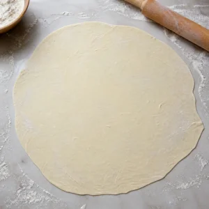 Uma bola de massa aberta bem fina numa superficie enfarinhada