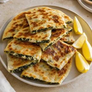 Gozleme de espinafres e feta fatiado servido quente com gomos de limao