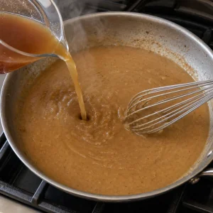 Beef broth poured into the roux while whisking to thicken the gravy