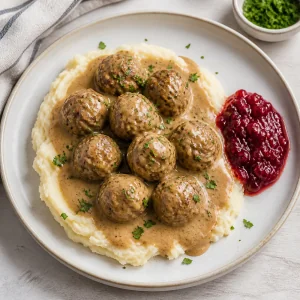 Finished Swedish meatballs served over mashed potatoes with lingonberry jam