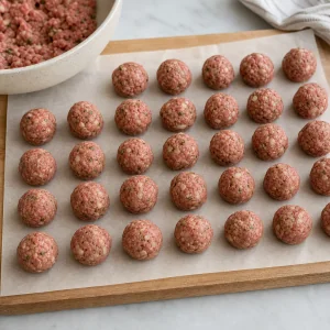 Small raw Swedish meatballs rolled into even one inch balls on a tray