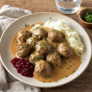Traditional Swedish meatballs with creamy gravy served over mashed potatoes and lingonberry jam