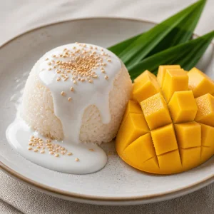 Kleisty ryż z mango podany z kremem kokosowym i sezamem