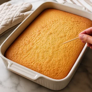 Gebackener Vanillebiskuit in einer rechteckigen Form mit sauberem Holzstäbchen