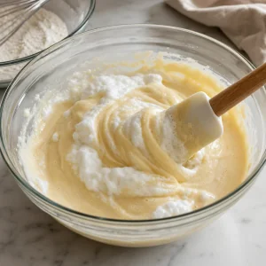 Kuchenteig wird mit Eischnee und Mehl untergehoben