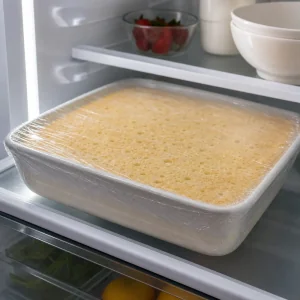 Abgedeckter getränkter Kuchen kühlt im Kühlschrank