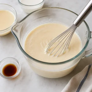 Drei-Milch-Guss wird mit Vanille in einer klaren Schüssel verrührt
