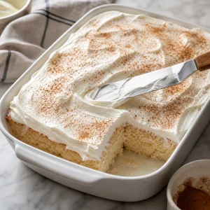 Schlagsahne auf kaltem Kuchen mit leichtem Zimtstaub verstrichen