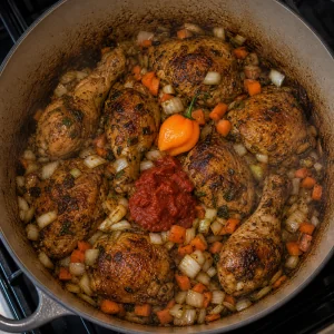 Aromatics and Scotch bonnet added to browned chicken