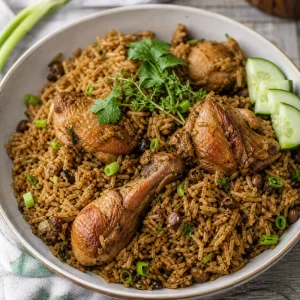 Finished Trinidad chicken pelau with pigeon peas and browned chicken