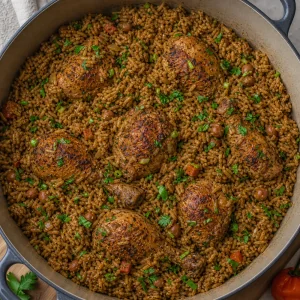 Fluffed finished pelau with herbs in the pot