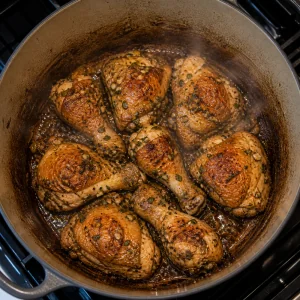 Marinated chicken browning in dark caramel