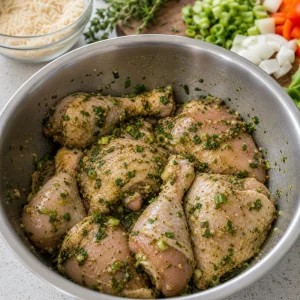 Raw chicken coated with green seasoning for pelau