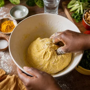Тесто для бара с куркумой замешивают в белой миске