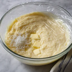 Kokoscreme zum Kühlen mit Folie abgedeckt
