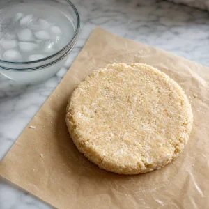 Kokos-Pieteig zum Kühlen zu einer Scheibe gedrückt
