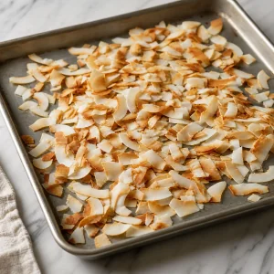 Leicht geröstete Kokoschips auf einem Backblech