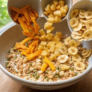 Manga, abacaxi e chips de banana secos sendo adicionados ao mix torrado