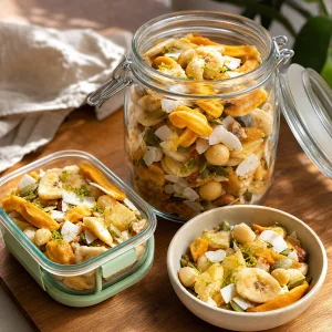 Mix tropical pronto guardado em um pote hermético e um recipiente reutilizável