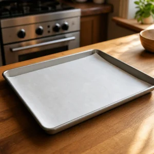Assadeira com borda forrada com papel-manteiga pronta para os ingredientes