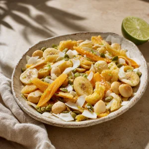 Mix tropicale al cocco con mango, ananas, chips di banana, macadamia e semi di zucca