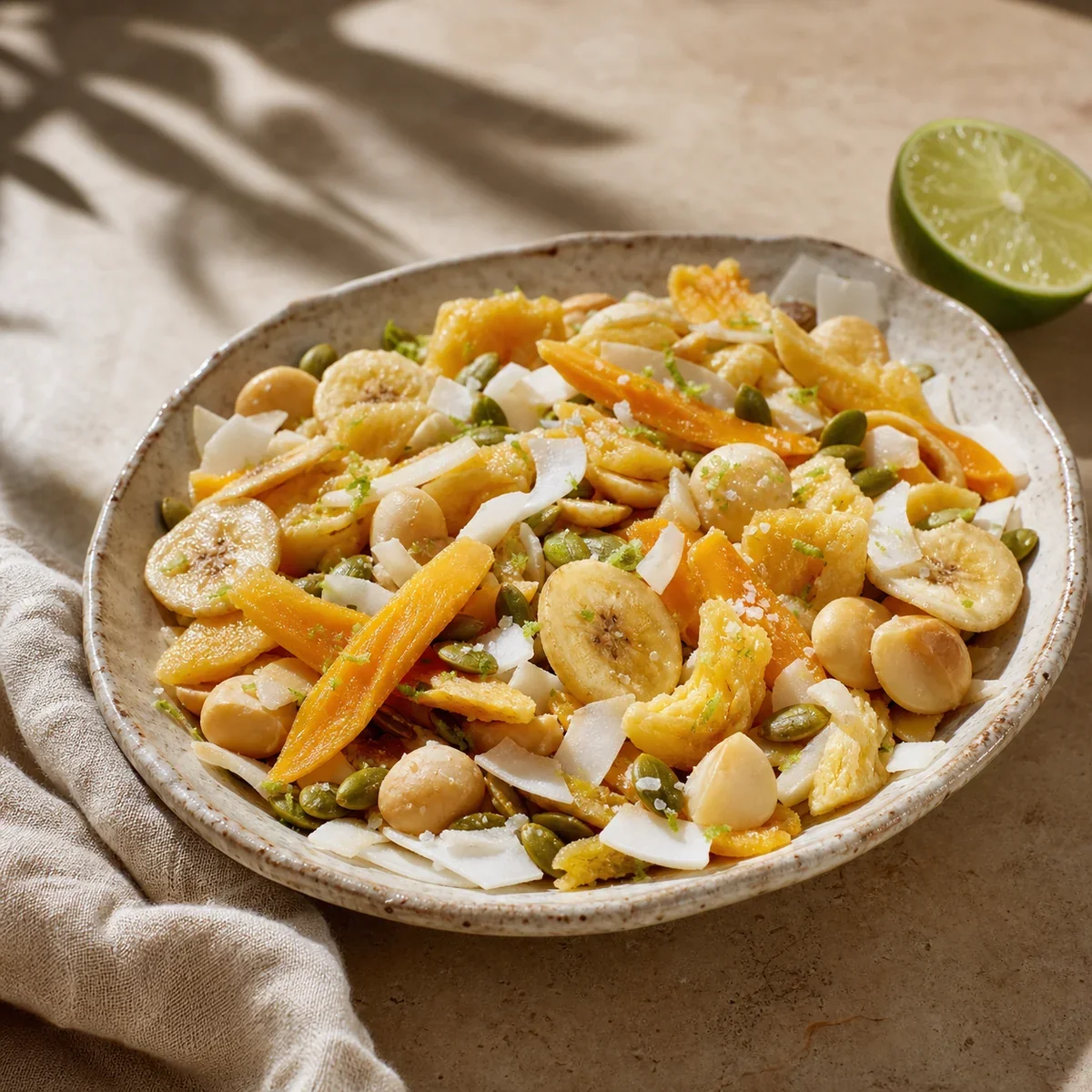 Mix tropical de coco e frutas com manga, abacaxi, chips de banana, macadâmias e sementes de abóbora