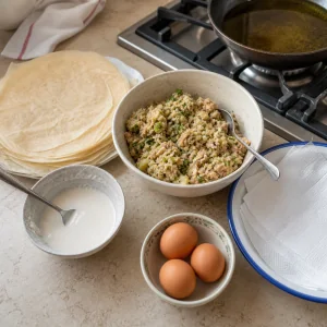 Folhas de brik, recheio de atum, ovos, pasta de vedação e papel-toalha prontos para fritar