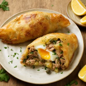 Fertiger tunesischer Brik mit Thunfisch, Ei, Kapern, Petersilie und Zitronenspalten