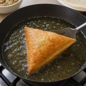 Brik dourado sendo virado no óleo borbulhante para fritar o outro lado